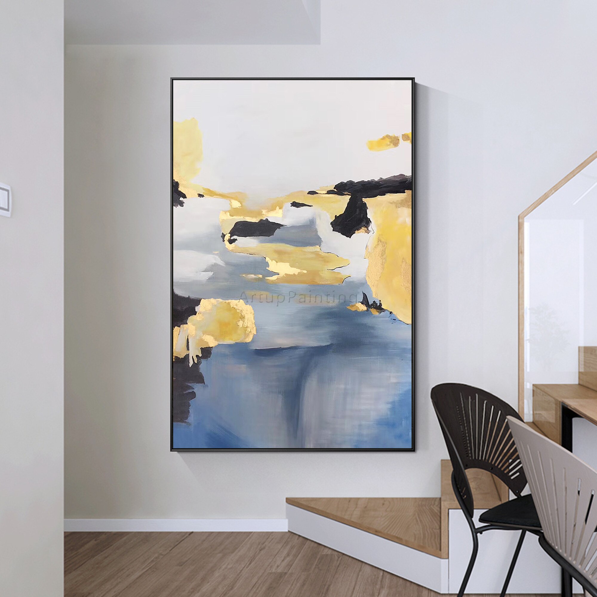 Pintura abstracta moderna a mano para decoraci&oacute;n del hogar, lienzo de pintura al &oacute;leo acr&iacute;lico Original, imagen art&iacute;stica de pared grande para decoraci&oacute;n del hogar, negro, dorado y azul