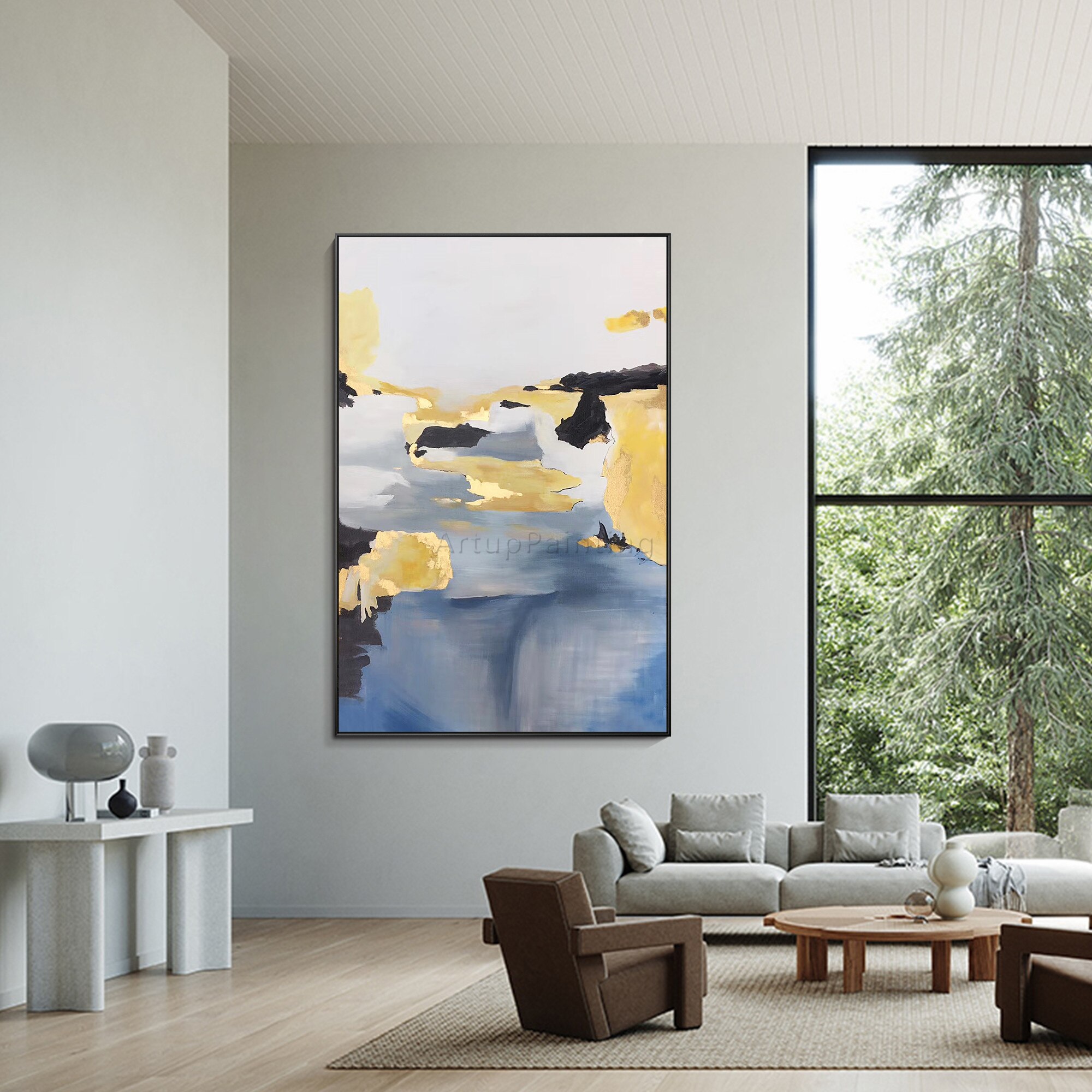 Pintura abstracta moderna a mano para decoraci&oacute;n del hogar, lienzo de pintura al &oacute;leo acr&iacute;lico Original, imagen art&iacute;stica de pared grande para decoraci&oacute;n del hogar, negro, dorado y azul