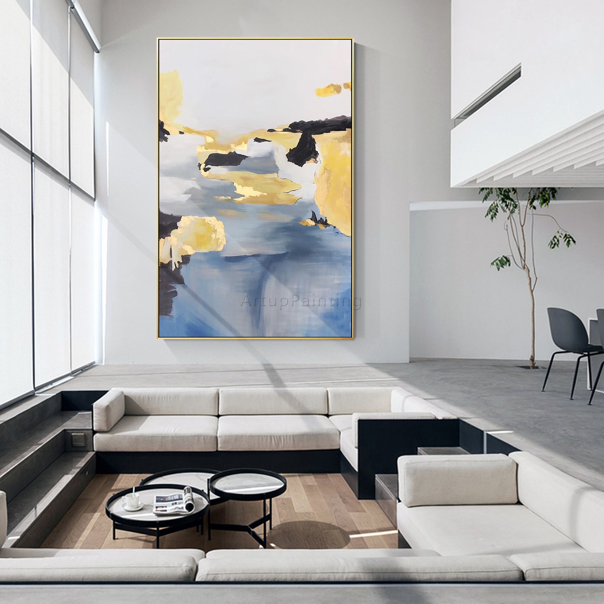 Pintura abstracta moderna a mano para decoraci&oacute;n del hogar, lienzo de pintura al &oacute;leo acr&iacute;lico Original, imagen art&iacute;stica de pared grande para decoraci&oacute;n del hogar, negro, dorado y azul