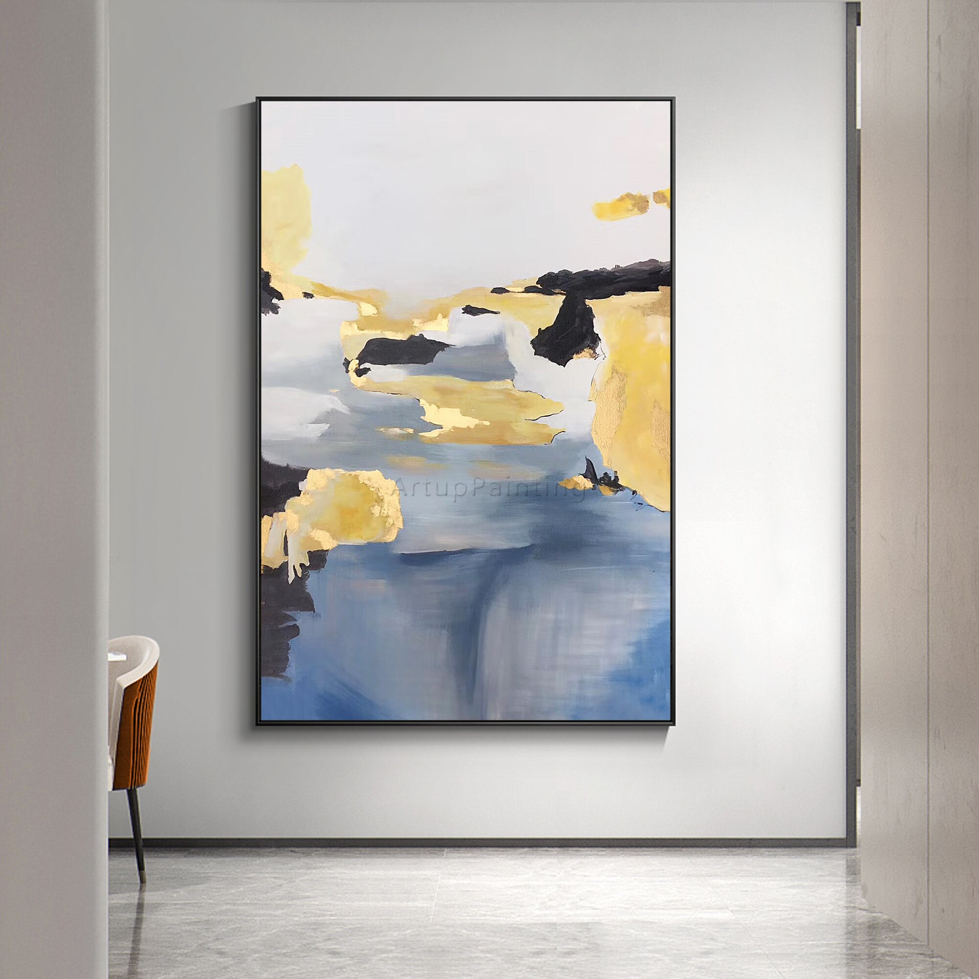 Pintura abstracta moderna a mano para decoraci&oacute;n del hogar, lienzo de pintura al &oacute;leo acr&iacute;lico Original, imagen art&iacute;stica de pared grande para decoraci&oacute;n del hogar, negro, dorado y azul
