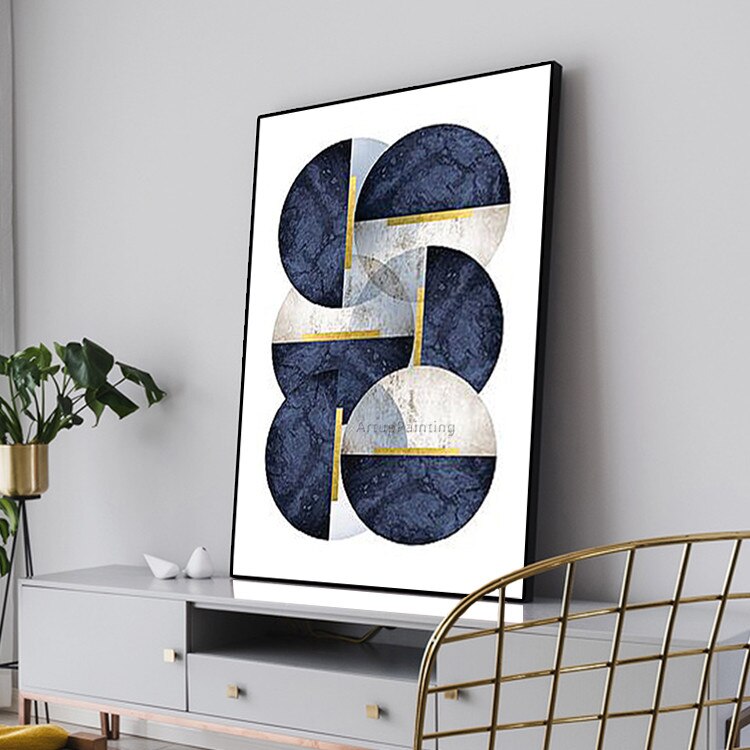 Pinturas al &oacute;leo geom&eacute;tricas en azul marino sobre lienzo, im&aacute;genes art&iacute;sticas de pared pintadas a mano para sala de estar, decoraci&oacute;n abstracta moderna de cuadros