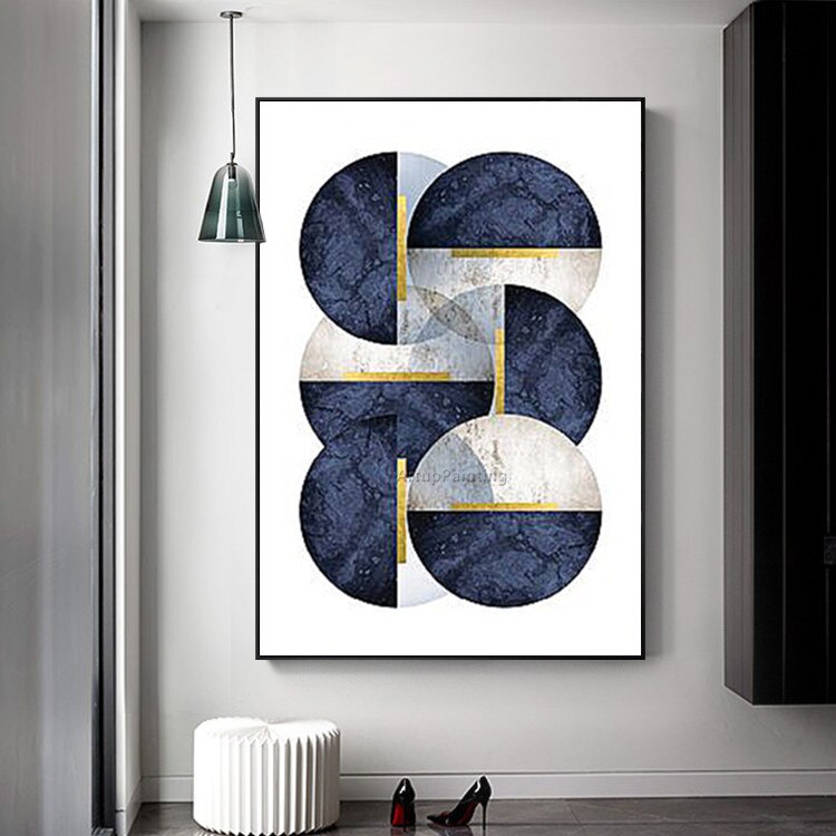 Pinturas al &oacute;leo geom&eacute;tricas en azul marino sobre lienzo, im&aacute;genes art&iacute;sticas de pared pintadas a mano para sala de estar, decoraci&oacute;n abstracta moderna de cuadros