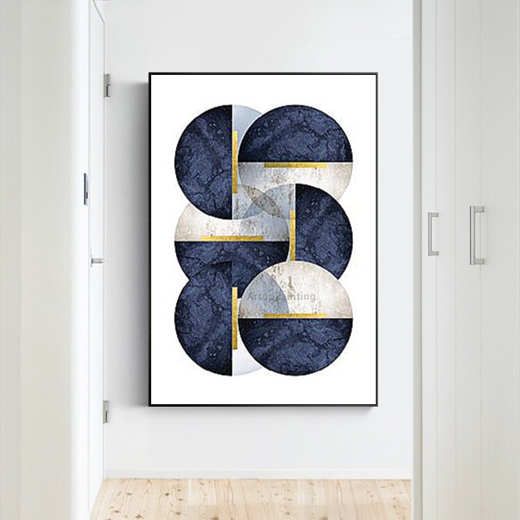 Pinturas al &oacute;leo geom&eacute;tricas en azul marino sobre lienzo, im&aacute;genes art&iacute;sticas de pared pintadas a mano para sala de estar, decoraci&oacute;n abstracta moderna de cuadros