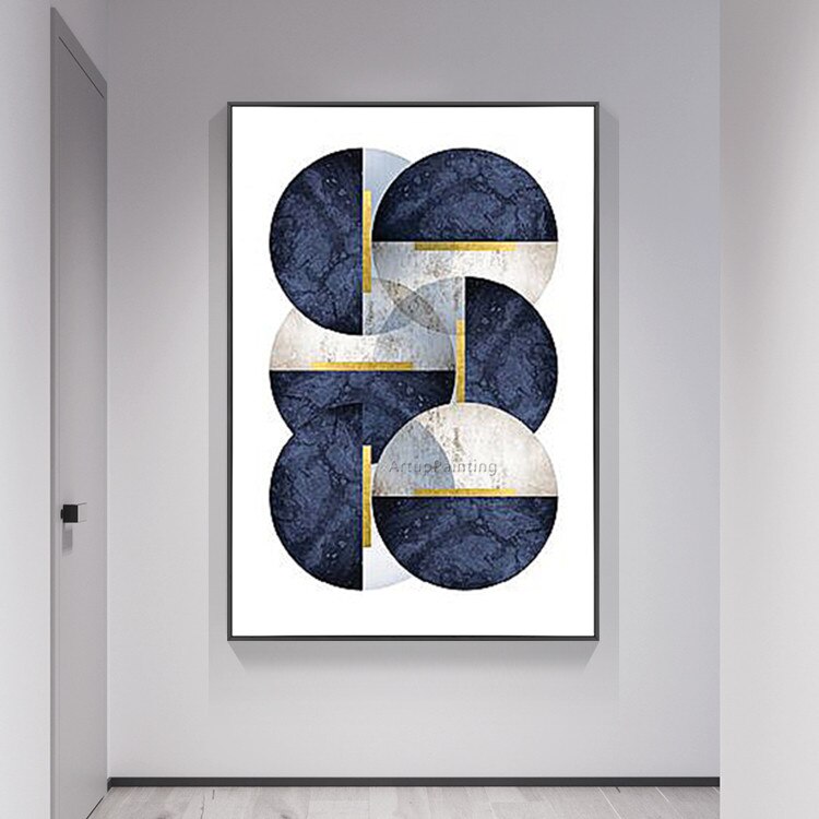 Pinturas al &oacute;leo geom&eacute;tricas en azul marino sobre lienzo, im&aacute;genes art&iacute;sticas de pared pintadas a mano para sala de estar, decoraci&oacute;n abstracta moderna de cuadros