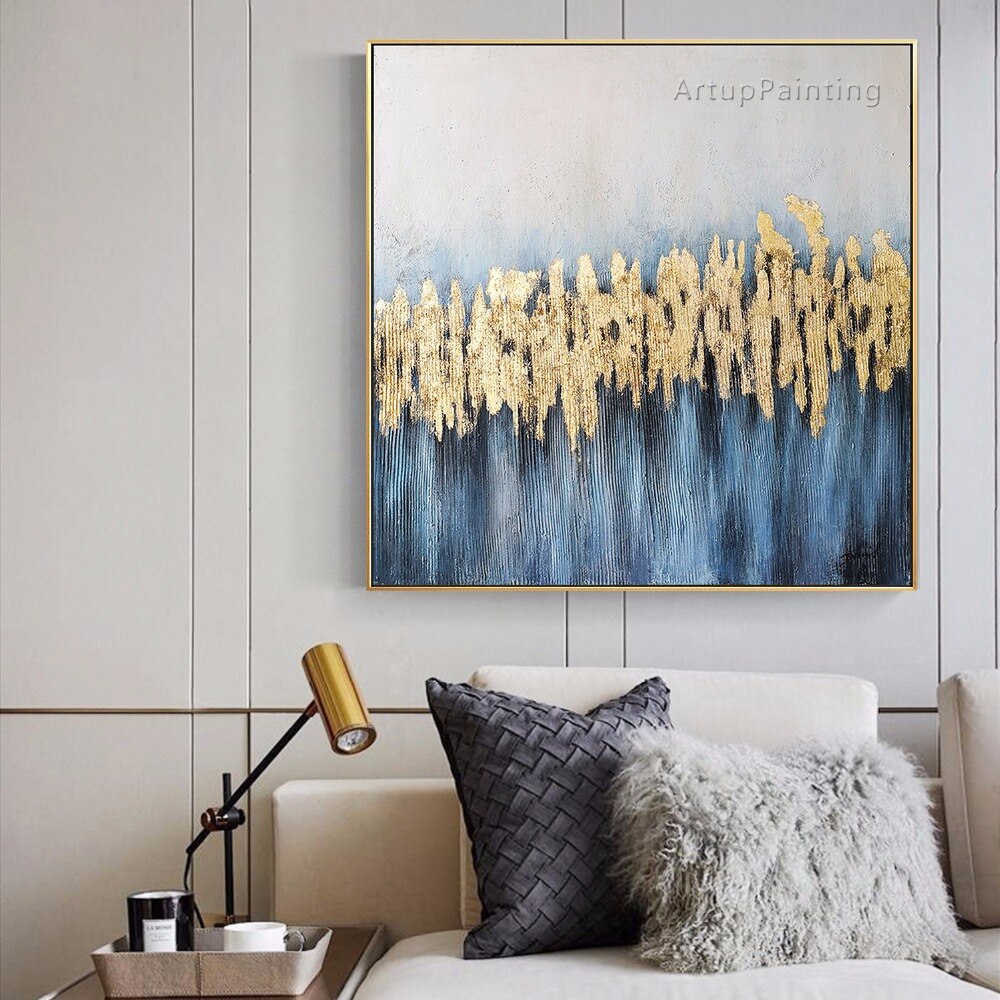 Pinturas al &oacute;leo abstractas modernas de oro azul sobre lienzo, im&aacute;genes art&iacute;sticas de pared grandes pintadas a mano para sala de estar, decoraci&oacute;n del hogar Quadro