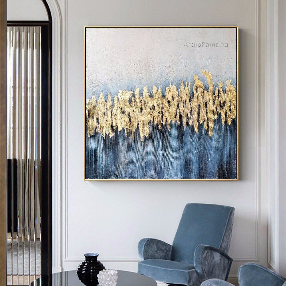 Pinturas al &oacute;leo abstractas modernas de oro azul sobre lienzo, im&aacute;genes art&iacute;sticas de pared grandes pintadas a mano para sala de estar, decoraci&oacute;n del hogar Quadro