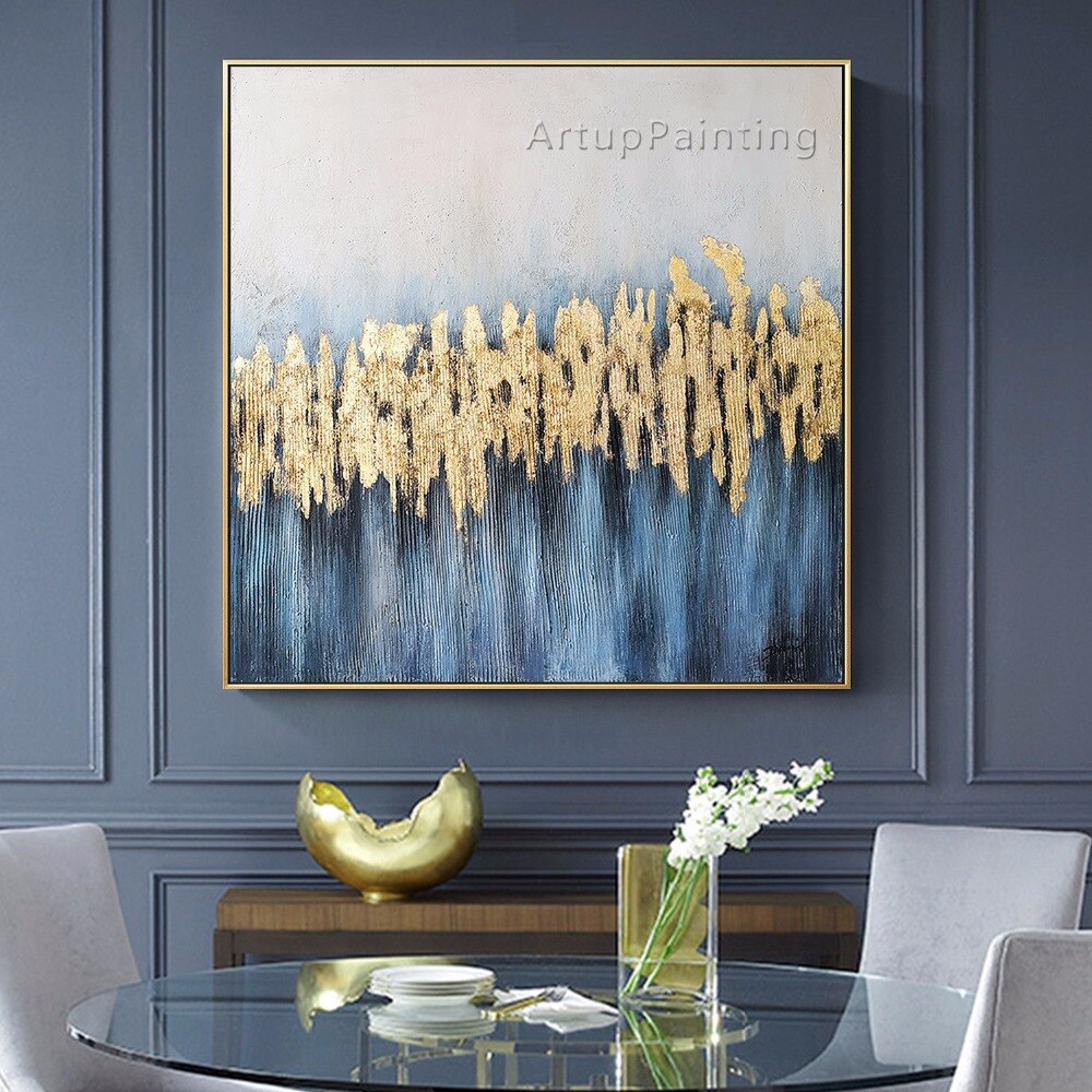 Pinturas al &oacute;leo abstractas modernas de oro azul sobre lienzo, im&aacute;genes art&iacute;sticas de pared grandes pintadas a mano para sala de estar, decoraci&oacute;n del hogar Quadro