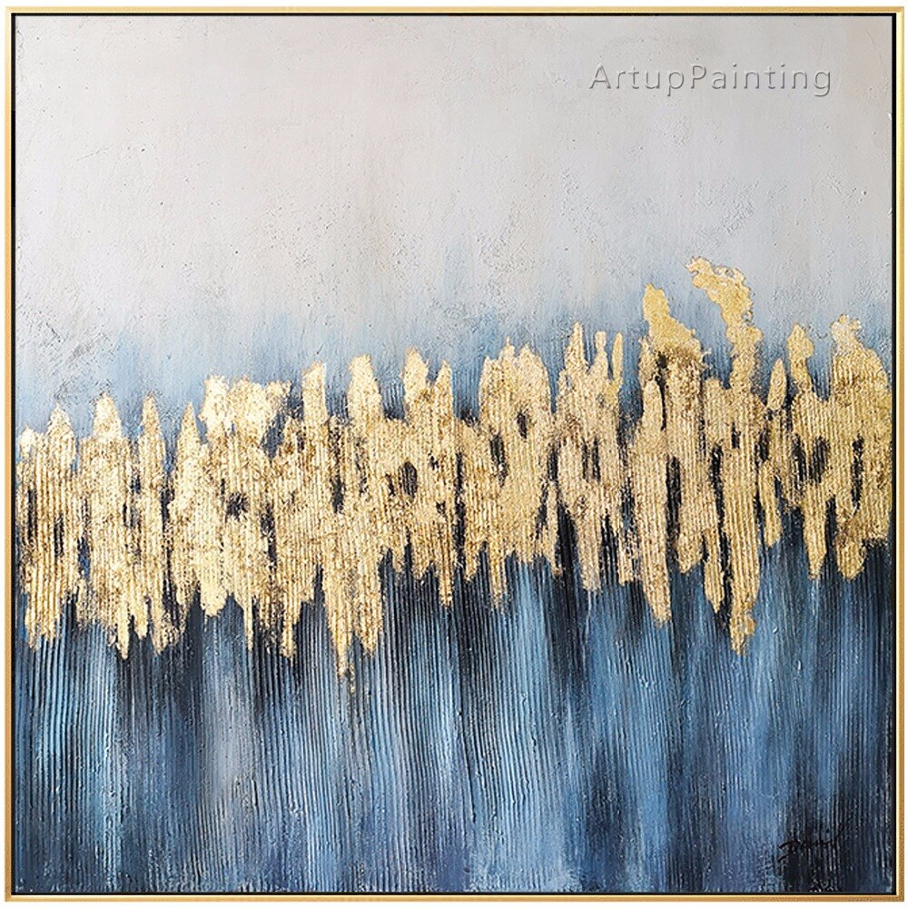 Pinturas al &oacute;leo abstractas modernas de oro azul sobre lienzo, im&aacute;genes art&iacute;sticas de pared grandes pintadas a mano para sala de estar, decoraci&oacute;n del hogar Quadro