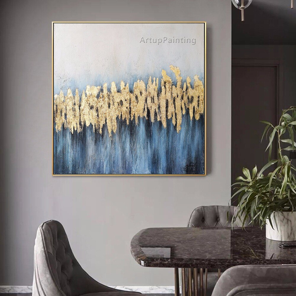 Pinturas al &oacute;leo abstractas modernas de oro azul sobre lienzo, im&aacute;genes art&iacute;sticas de pared grandes pintadas a mano para sala de estar, decoraci&oacute;n del hogar Quadro