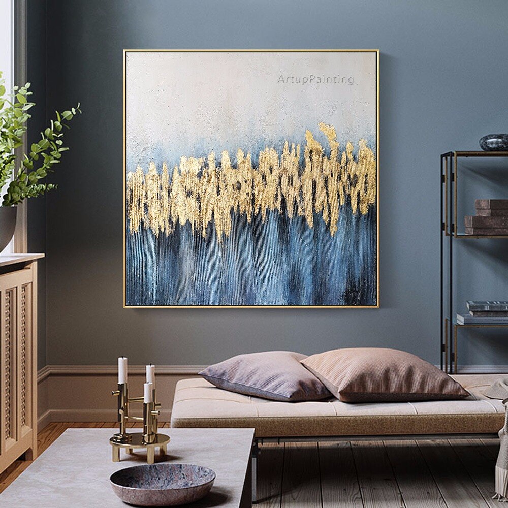 Pinturas al &oacute;leo abstractas modernas de oro azul sobre lienzo, im&aacute;genes art&iacute;sticas de pared grandes pintadas a mano para sala de estar, decoraci&oacute;n del hogar Quadro