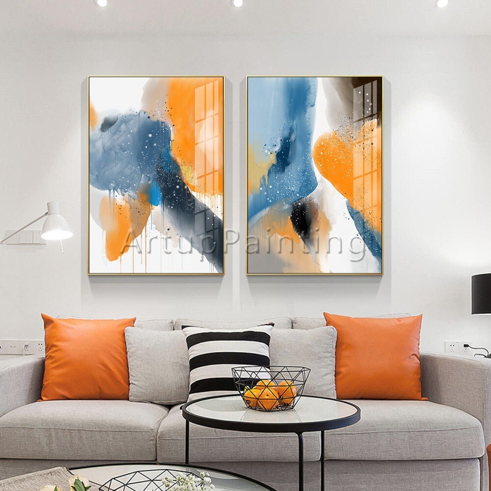 Juego de 2 pinturas abstractas modernas pintadas a mano sobre lienzo, im&aacute;genes art&iacute;sticas de pared Azul, Naranja, Negro y blanco para decoraci&oacute;n de sala de estar