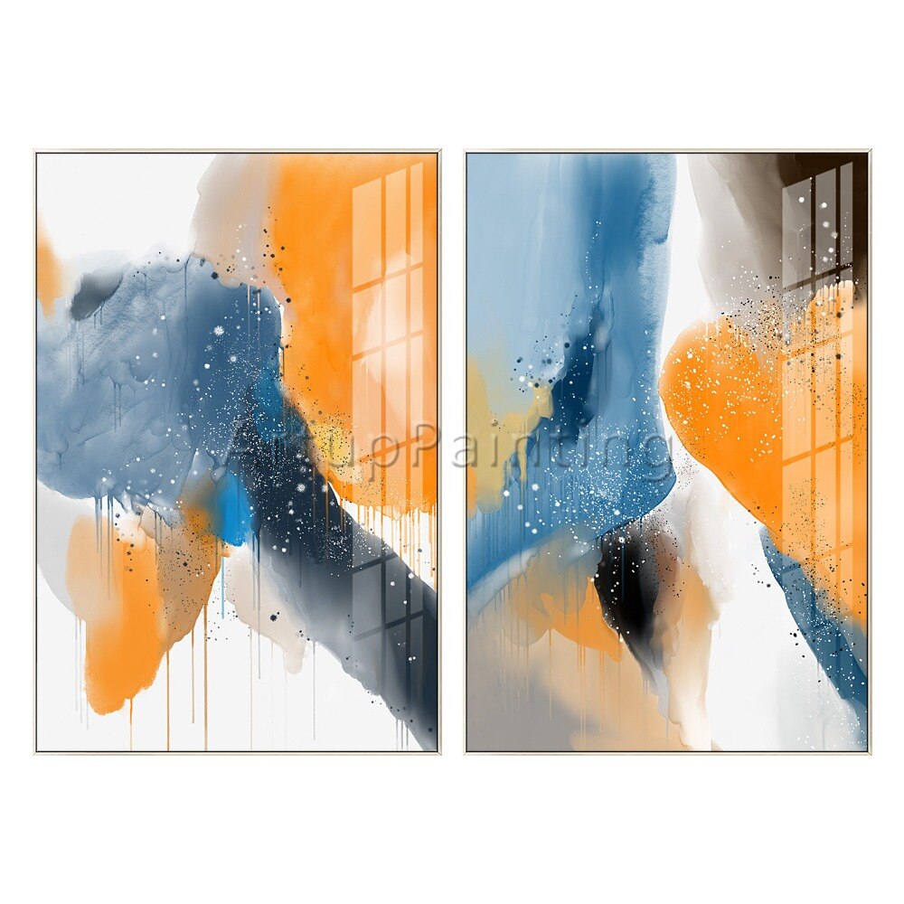 Juego de 2 pinturas abstractas modernas pintadas a mano sobre lienzo, im&aacute;genes art&iacute;sticas de pared Azul, Naranja, Negro y blanco para decoraci&oacute;n de sala de estar