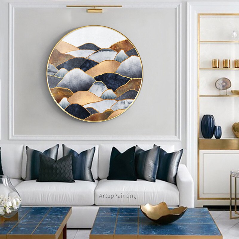 Pintura al &oacute;leo geom&eacute;trica abstracta moderna sobre lienzo, cuadro art&iacute;stico de pared azul marino acr&iacute;lico para decoraci&oacute;n de pared de sala de estar