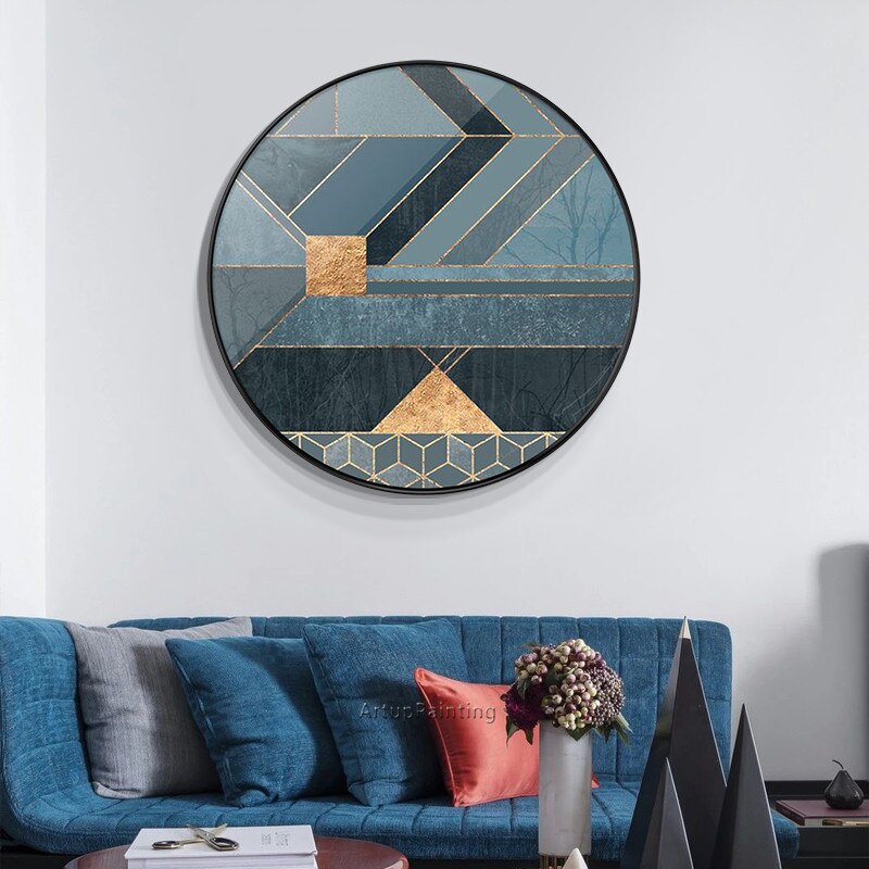 Pintura al &oacute;leo geom&eacute;trica abstracta moderna sobre lienzo, cuadro art&iacute;stico de pared azul marino acr&iacute;lico para decoraci&oacute;n de pared de sala de estar
