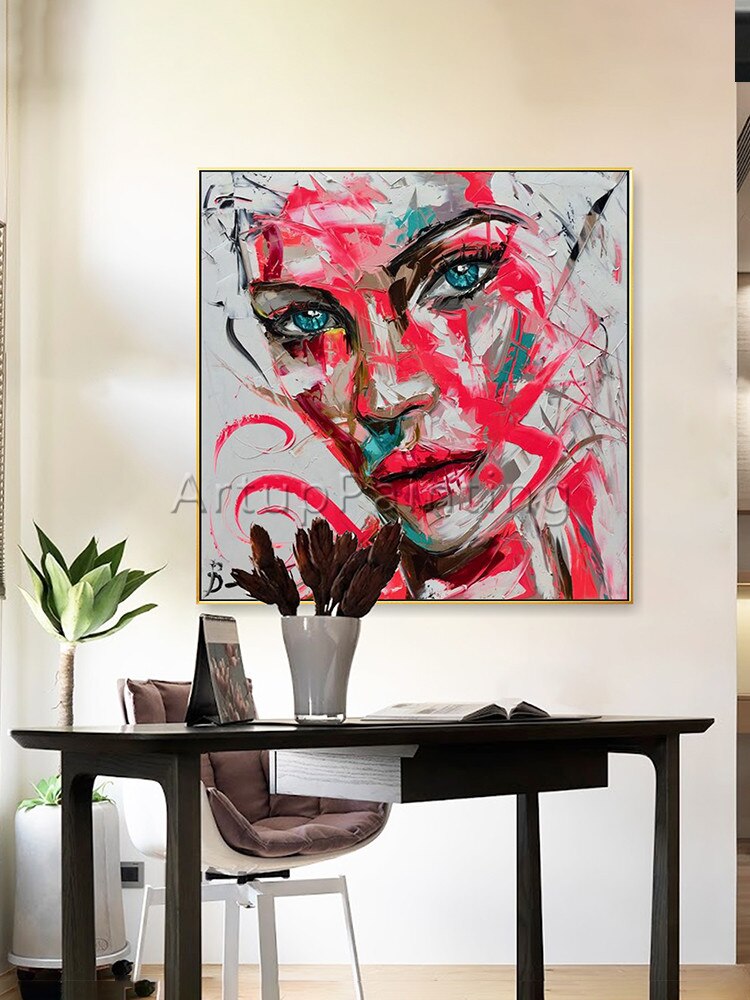 Paleta abstracta pintada a mano, retrato de cuchillo, cara de mujer, pinturas al &oacute;leo sobre lienzo, im&aacute;genes de decoraci&oacute;n del hogar para sala de estar