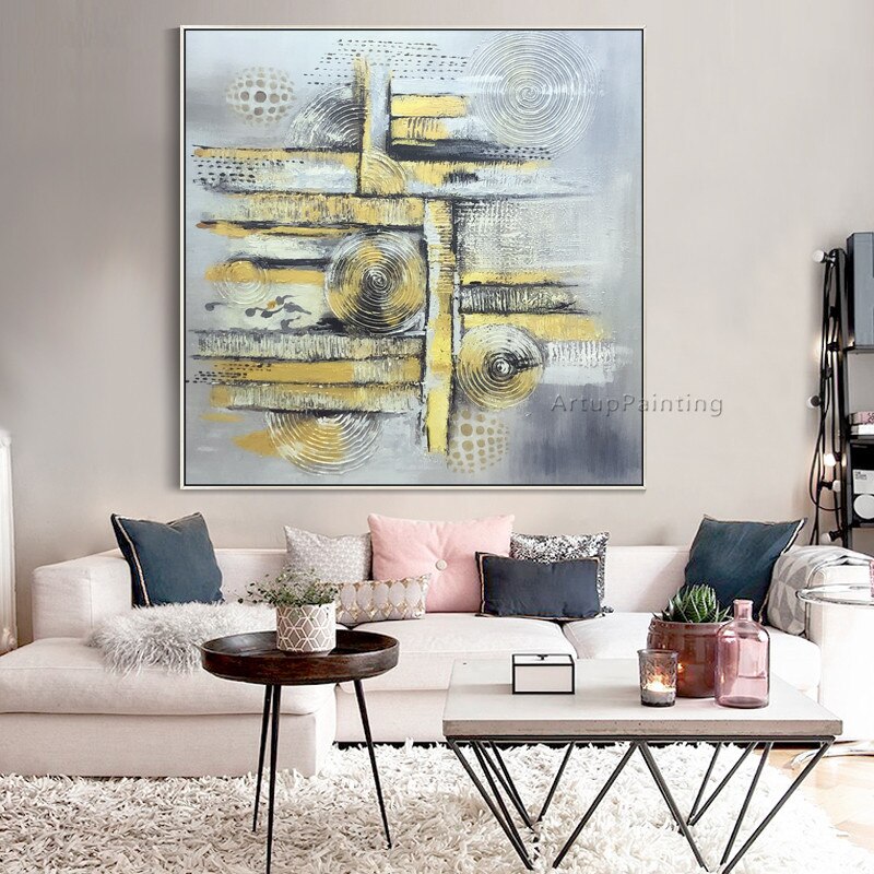 Pinturas al &oacute;leo de Arte de oro abstracto moderno pintadas a mano en lienzo cuadros de arte para sala de estar Decoraci&oacute;n