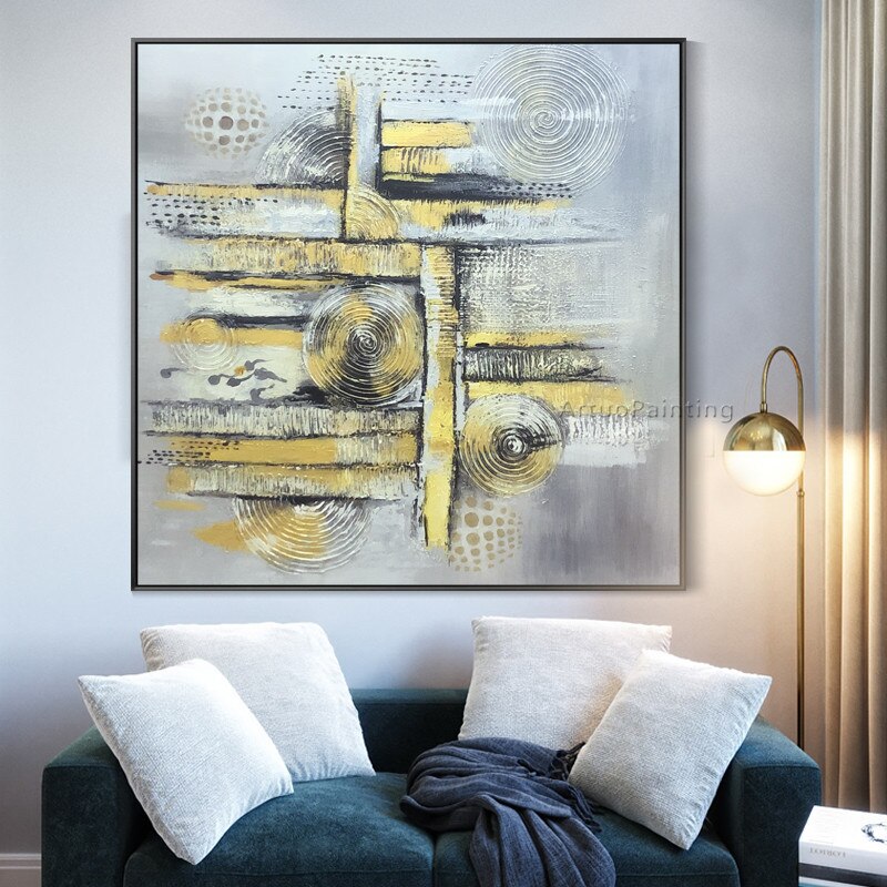 Pinturas al &oacute;leo de Arte de oro abstracto moderno pintadas a mano en lienzo cuadros de arte para sala de estar Decoraci&oacute;n