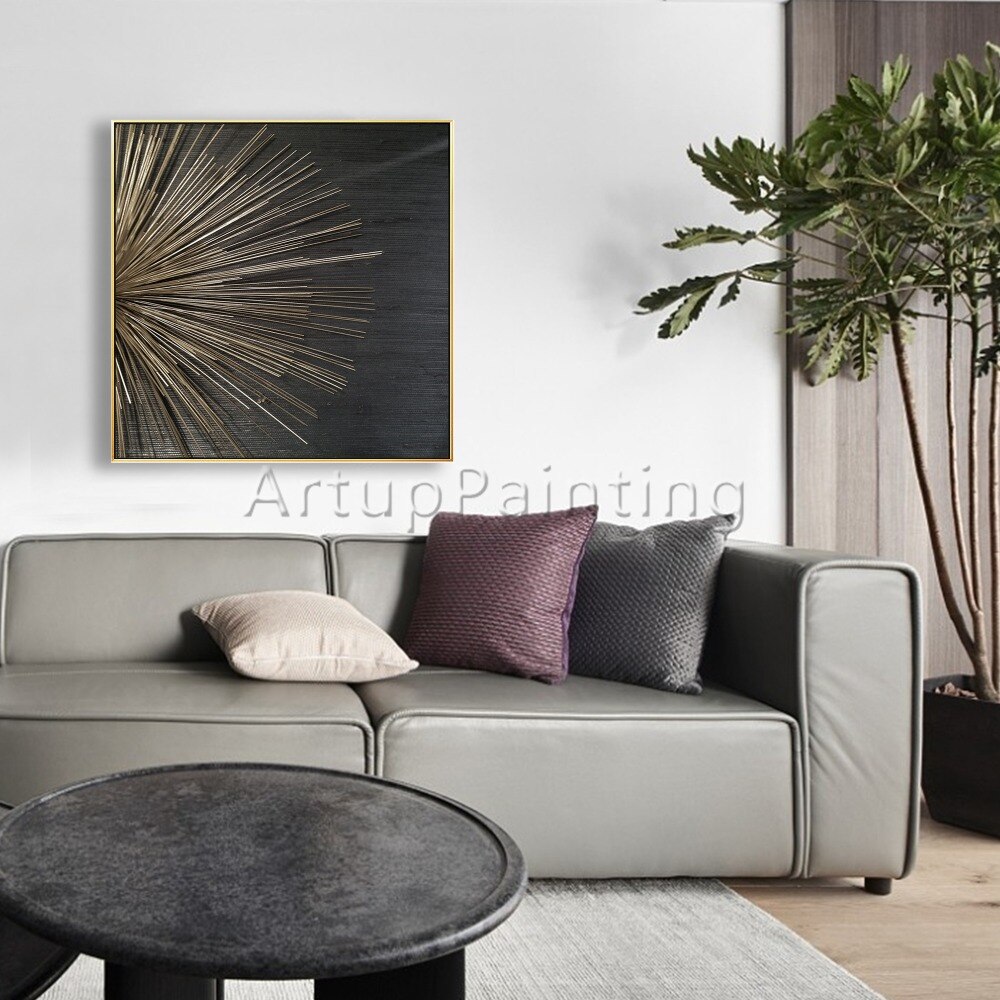 Pintura al &oacute;leo abstracta moderna pintada a mano sobre lienzo, arte de pared con textura de oro negro, decoraci&oacute;n para sala de estar, decoraci&oacute;n del hogar