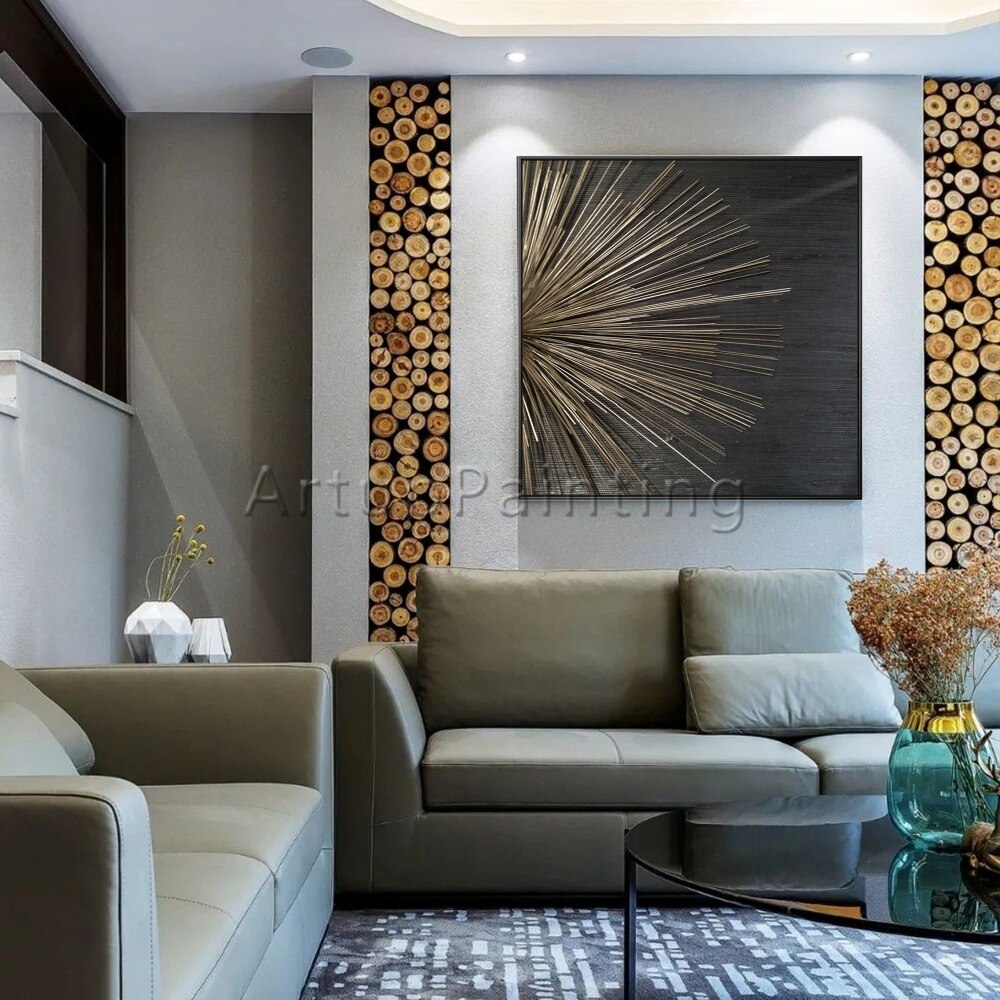 Pintura al &oacute;leo abstracta moderna pintada a mano sobre lienzo, arte de pared con textura de oro negro, decoraci&oacute;n para sala de estar, decoraci&oacute;n del hogar