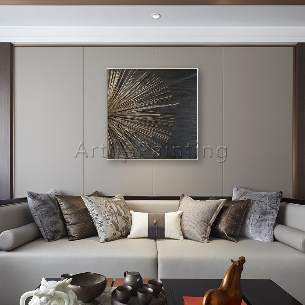 Pintura al &oacute;leo abstracta moderna pintada a mano sobre lienzo, arte de pared con textura de oro negro, decoraci&oacute;n para sala de estar, decoraci&oacute;n del hogar