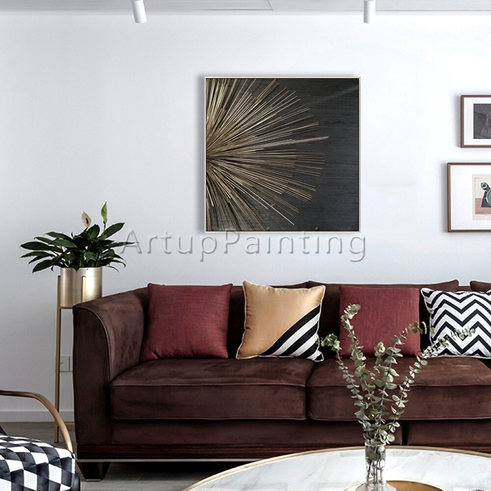 Pintura al &oacute;leo abstracta moderna pintada a mano sobre lienzo, arte de pared con textura de oro negro, decoraci&oacute;n para sala de estar, decoraci&oacute;n del hogar
