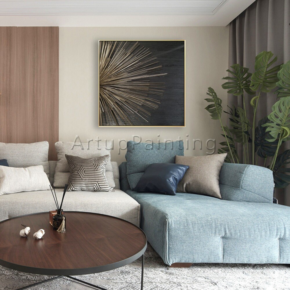 Pintura al &oacute;leo abstracta moderna pintada a mano sobre lienzo, arte de pared con textura de oro negro, decoraci&oacute;n para sala de estar, decoraci&oacute;n del hogar