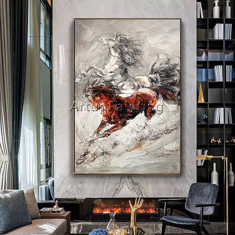 Pintura en lienzo acr&iacute;lica para decoraci&oacute;n del hogar, im&aacute;genes art&iacute;sticas de pared de caballo abstracto para sala de estar, con motivos de animales, cuadros6