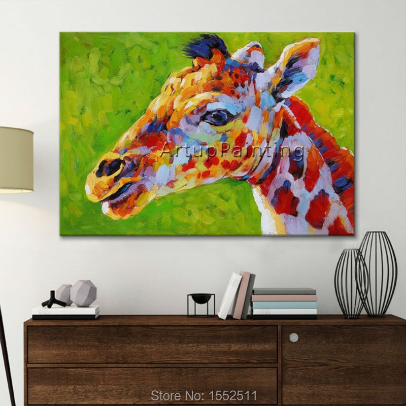 Pintura al &oacute;leo de jirafa de Animal pintada a mano sobre lienzo, arte de pared para sala de estar, arte Pop, papel tapiz abstracto moderno