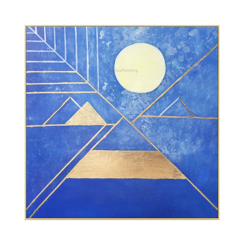 Pintura acr&iacute;lica abstracta de hojas doradas geom&eacute;tricas, textura azul dorada, Luna Llena sobre lienzo, arte de pared para sala de estar, cuadro cuadric&oacute;ptero para el hogar