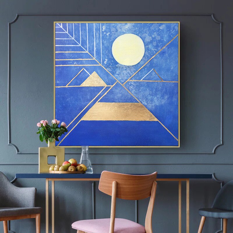 Pintura acr&iacute;lica abstracta de hojas doradas geom&eacute;tricas, textura azul dorada, Luna Llena sobre lienzo, arte de pared para sala de estar, cuadro cuadric&oacute;ptero para el hogar