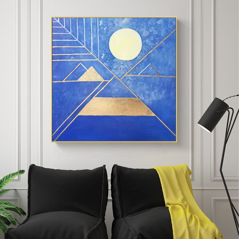 Pintura acr&iacute;lica abstracta de hojas doradas geom&eacute;tricas, textura azul dorada, Luna Llena sobre lienzo, arte de pared para sala de estar, cuadro cuadric&oacute;ptero para el hogar
