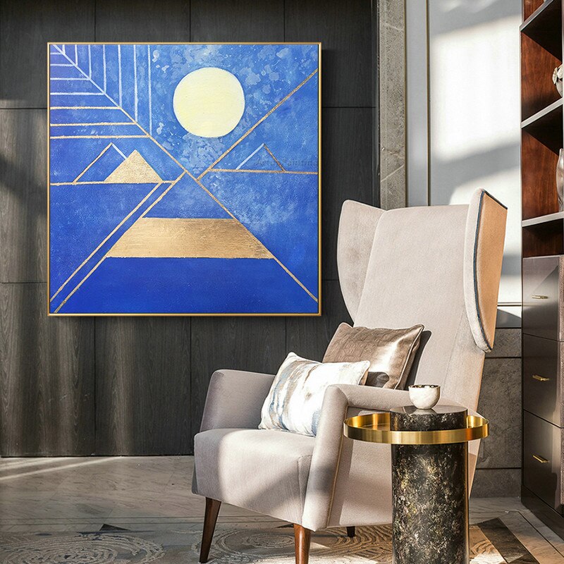 Pintura acr&iacute;lica abstracta de hojas doradas geom&eacute;tricas, textura azul dorada, Luna Llena sobre lienzo, arte de pared para sala de estar, cuadro cuadric&oacute;ptero para el hogar