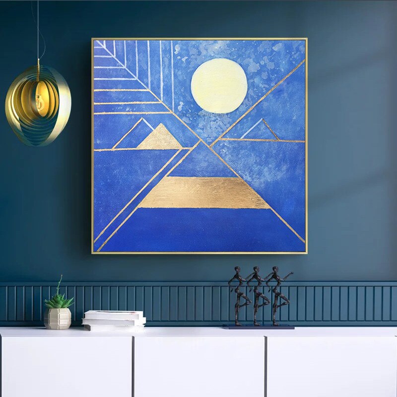 Pintura acr&iacute;lica abstracta de hojas doradas geom&eacute;tricas, textura azul dorada, Luna Llena sobre lienzo, arte de pared para sala de estar, cuadro cuadric&oacute;ptero para el hogar