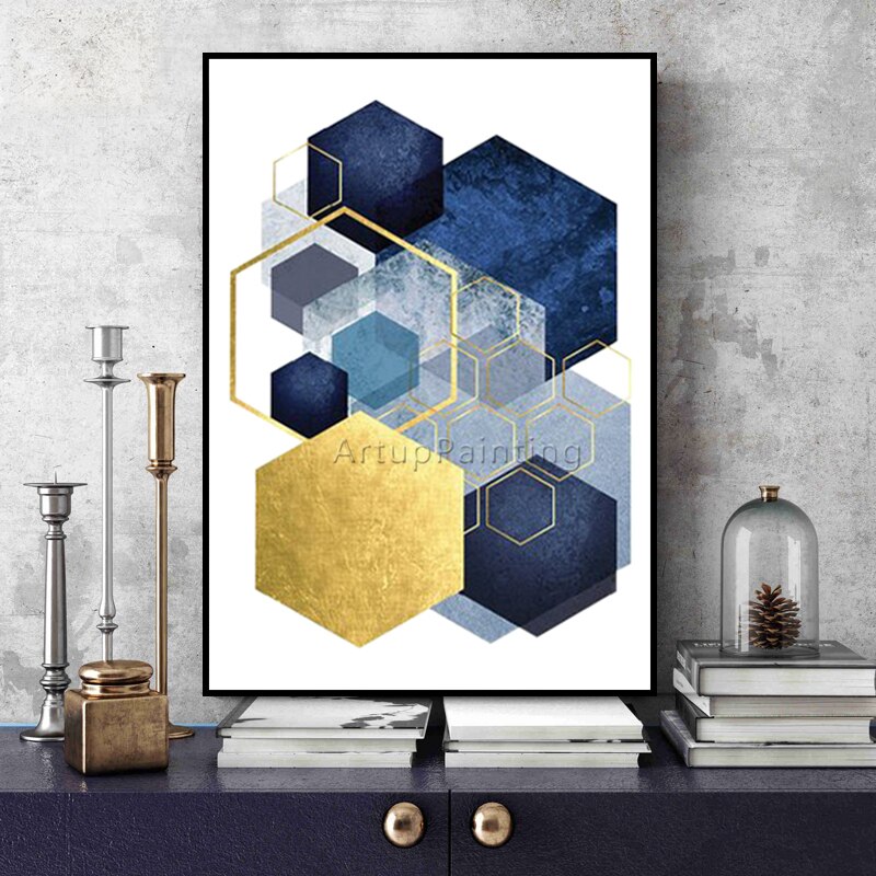 Pintura abstracta sobre lienzo para decoraci&oacute;n del hogar, im&aacute;genes art&iacute;sticas de pared, geom&eacute;tricas, doradas, azules, Morden, para sala de estar