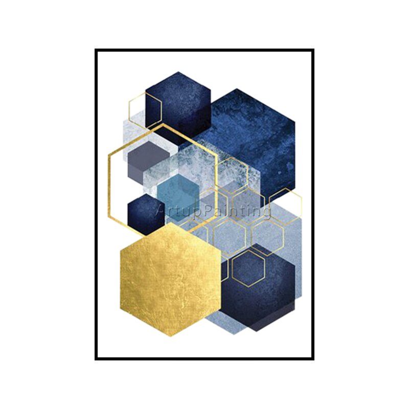 Pintura abstracta sobre lienzo para decoraci&oacute;n del hogar, im&aacute;genes art&iacute;sticas de pared, geom&eacute;tricas, doradas, azules, Morden, para sala de estar