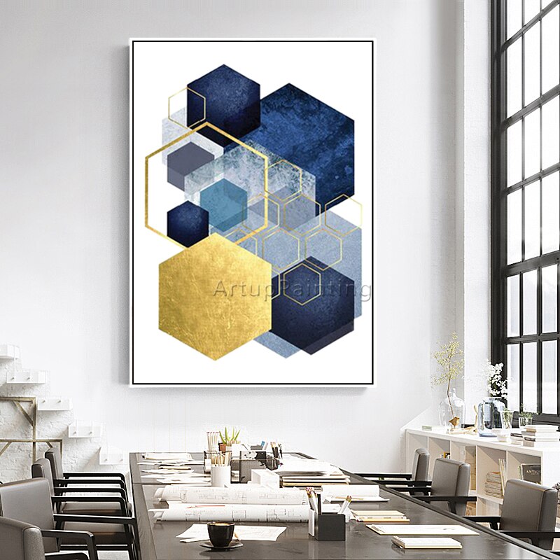 Pintura abstracta sobre lienzo para decoraci&oacute;n del hogar, im&aacute;genes art&iacute;sticas de pared, geom&eacute;tricas, doradas, azules, Morden, para sala de estar