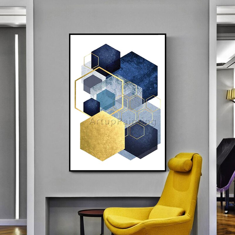 Pintura abstracta sobre lienzo para decoraci&oacute;n del hogar, im&aacute;genes art&iacute;sticas de pared, geom&eacute;tricas, doradas, azules, Morden, para sala de estar
