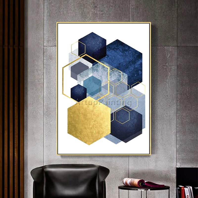Pintura abstracta sobre lienzo para decoraci&oacute;n del hogar, im&aacute;genes art&iacute;sticas de pared, geom&eacute;tricas, doradas, azules, Morden, para sala de estar