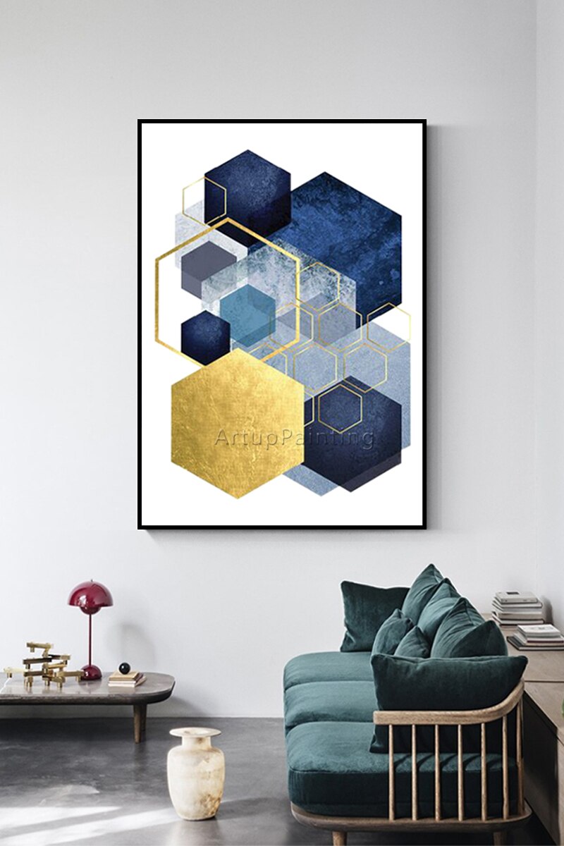 Pintura abstracta sobre lienzo para decoraci&oacute;n del hogar, im&aacute;genes art&iacute;sticas de pared, geom&eacute;tricas, doradas, azules, Morden, para sala de estar