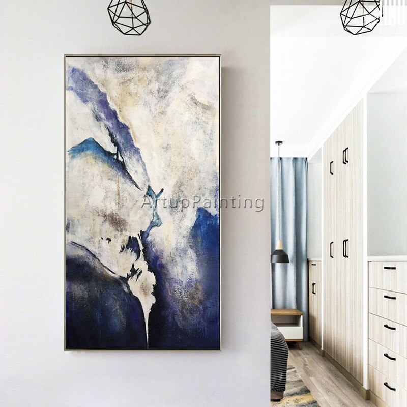 Pintura al &oacute;leo en lienzo, cuadros de decoraci&oacute;n, cuadros de arte de pared acr&iacute;licos abstractos de color azul marino n&oacute;rdico para decoraci&oacute;n de pared de sala de estar, 45
