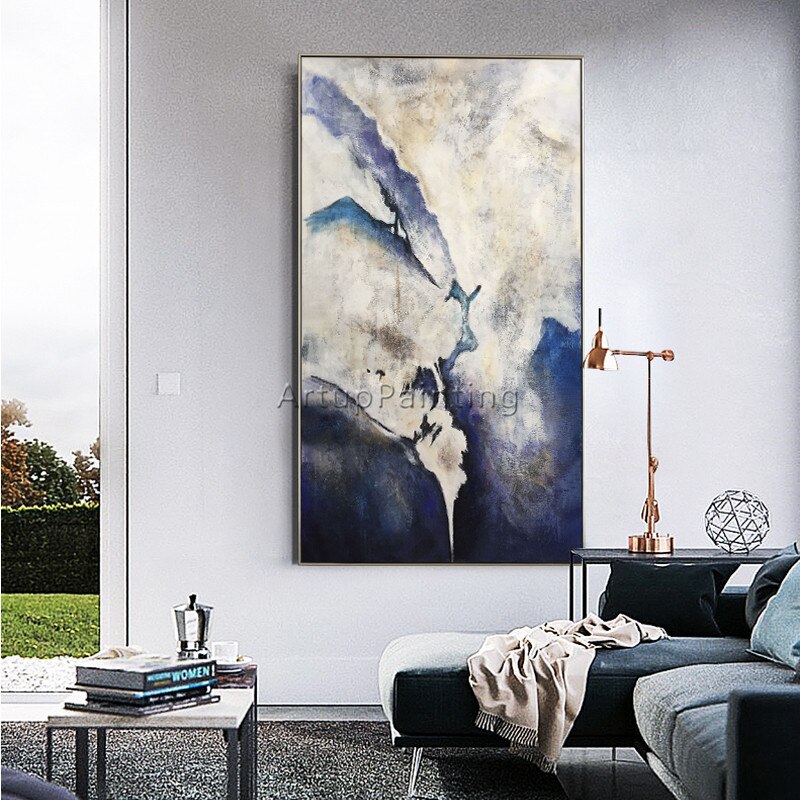 Pintura al &oacute;leo en lienzo, cuadros de decoraci&oacute;n, cuadros de arte de pared acr&iacute;licos abstractos de color azul marino n&oacute;rdico para decoraci&oacute;n de pared de sala de estar, 45