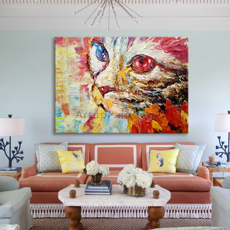 Pintura acr&iacute;lica sobre lienzo, arte moderno de gato, arte abstracto de animales, sala de estar de pared para im&aacute;genes art&iacute;sticas, decoraci&oacute;n del hogar, caudros