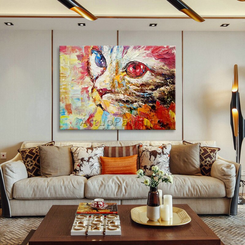 Pintura acr&iacute;lica sobre lienzo, arte moderno de gato, arte abstracto de animales, sala de estar de pared para im&aacute;genes art&iacute;sticas, decoraci&oacute;n del hogar, caudros
