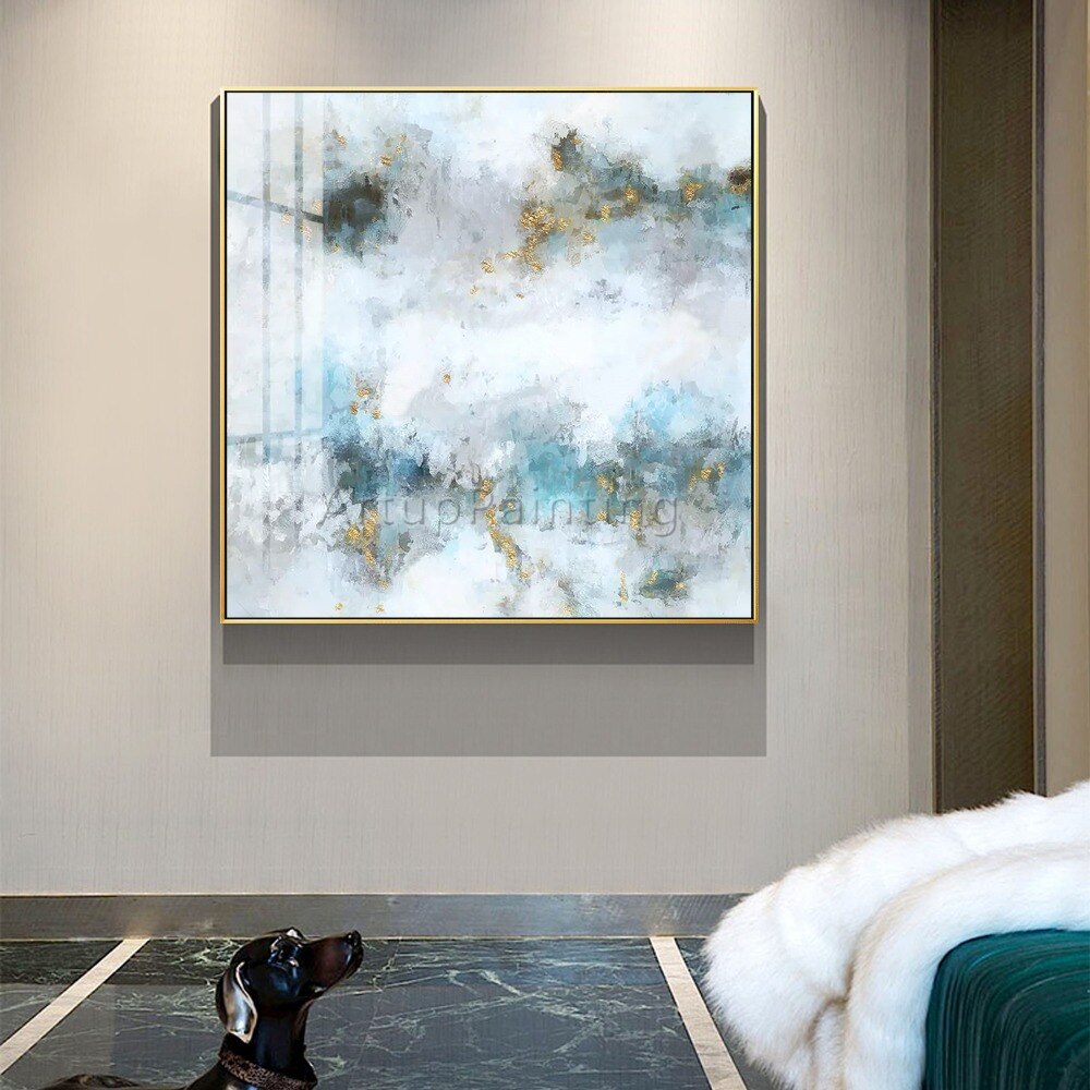 Pinturas al &oacute;leo de lienzo de oro blanco abstracto moderno, arte de pared pintado a mano, im&aacute;genes de decoraci&oacute;n del hogar para decoraci&oacute;n de pared de sala de estar