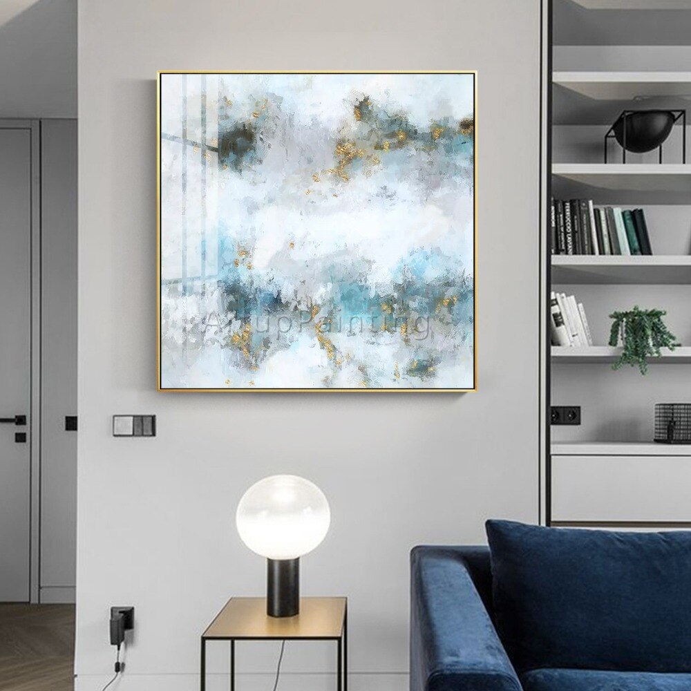 Pinturas al &oacute;leo de lienzo de oro blanco abstracto moderno, arte de pared pintado a mano, im&aacute;genes de decoraci&oacute;n del hogar para decoraci&oacute;n de pared de sala de estar