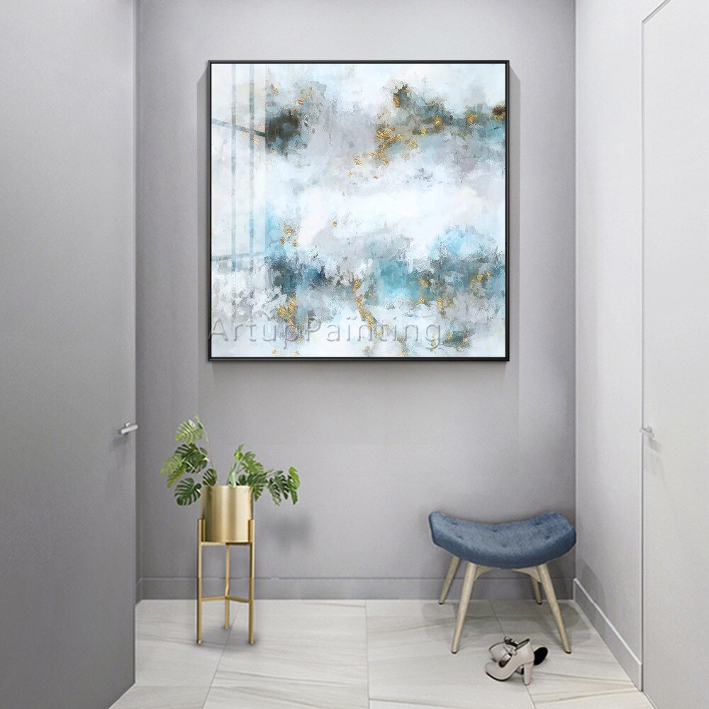 Pinturas al &oacute;leo de lienzo de oro blanco abstracto moderno, arte de pared pintado a mano, im&aacute;genes de decoraci&oacute;n del hogar para decoraci&oacute;n de pared de sala de estar