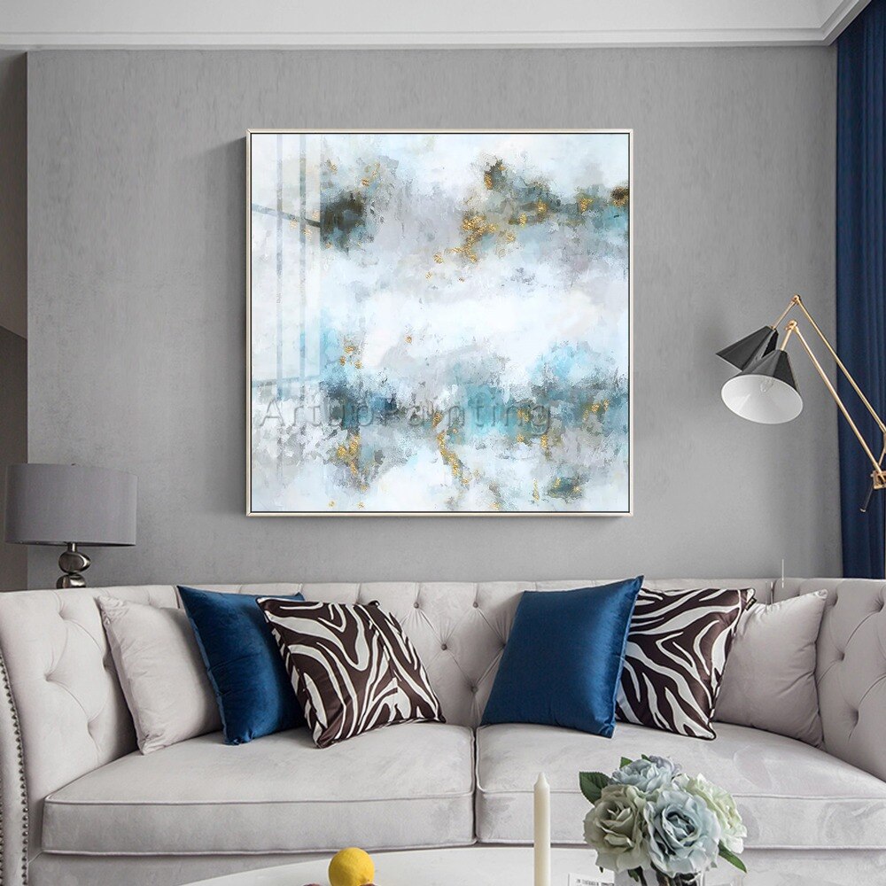 Pinturas al &oacute;leo de lienzo de oro blanco abstracto moderno, arte de pared pintado a mano, im&aacute;genes de decoraci&oacute;n del hogar para decoraci&oacute;n de pared de sala de estar