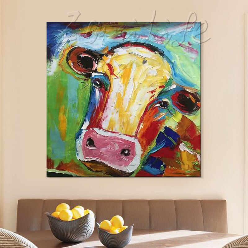 Pintura en lienzo de vaca acr&iacute;lica, im&aacute;genes de arte de pared para sala de estar, decoraci&oacute;n del hogar, Arte pop, arte animal, qudraos caudros, decoraci&oacute;n 4