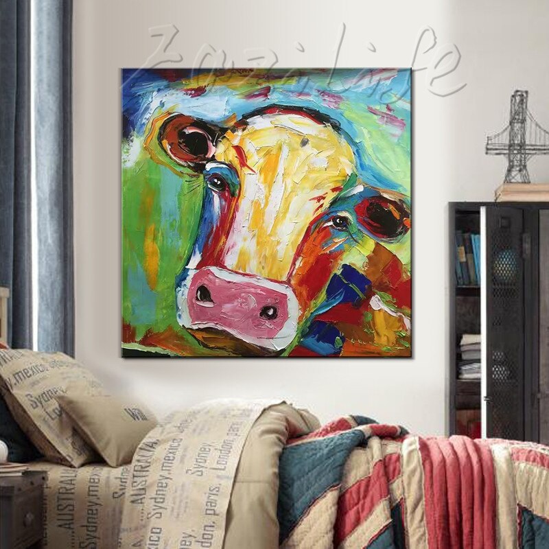 Pintura en lienzo de vaca acr&iacute;lica, im&aacute;genes de arte de pared para sala de estar, decoraci&oacute;n del hogar, Arte pop, arte animal, qudraos caudros, decoraci&oacute;n 4