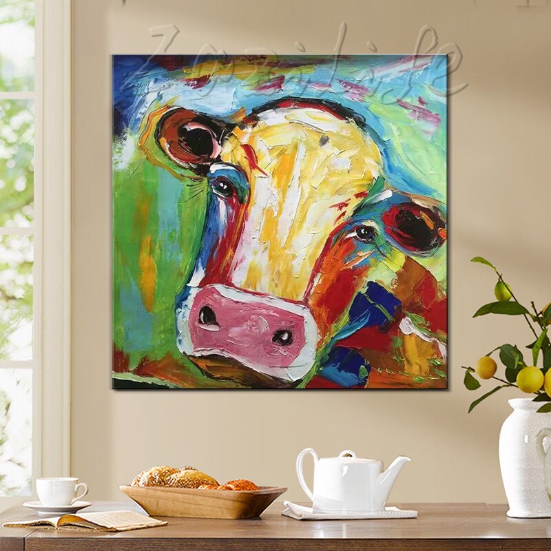 Pintura en lienzo de vaca acr&iacute;lica, im&aacute;genes de arte de pared para sala de estar, decoraci&oacute;n del hogar, Arte pop, arte animal, qudraos caudros, decoraci&oacute;n 4